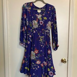 Maeve Blue floral dress with button sleeves